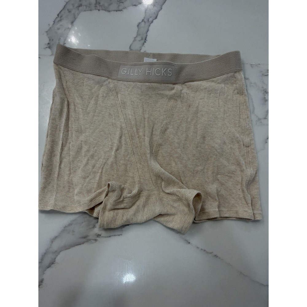 Gilly Hicks Boxer Shorts Womens Medium Beige Ribbed Knit Logo Waistband Stretch